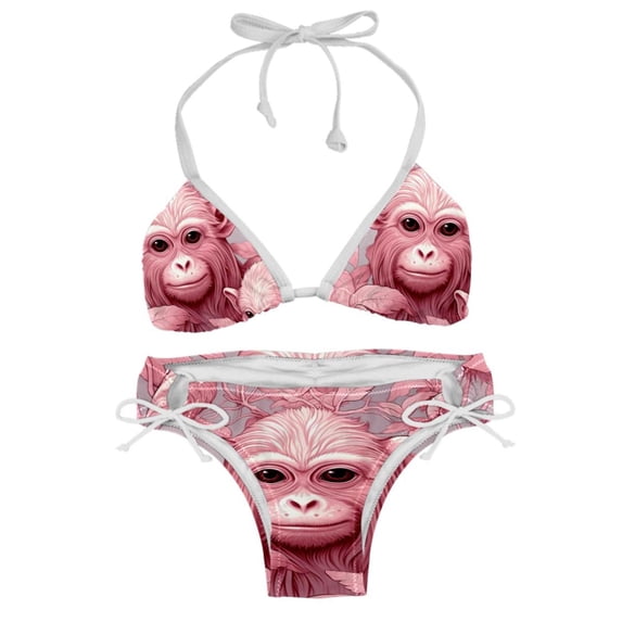 Pink Monkey Gorilla Swim Suit Women Bikini Set, Detachable Sponge, Adjustable Strap, Two-Pack - Beach, Pool, Vacation