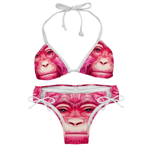 Pink Monkey Gorilla Swimsuit Women Bikini Set with Detachable Sponge and Adjustable Strap, Two-Pack, Beach Pool Vacation.