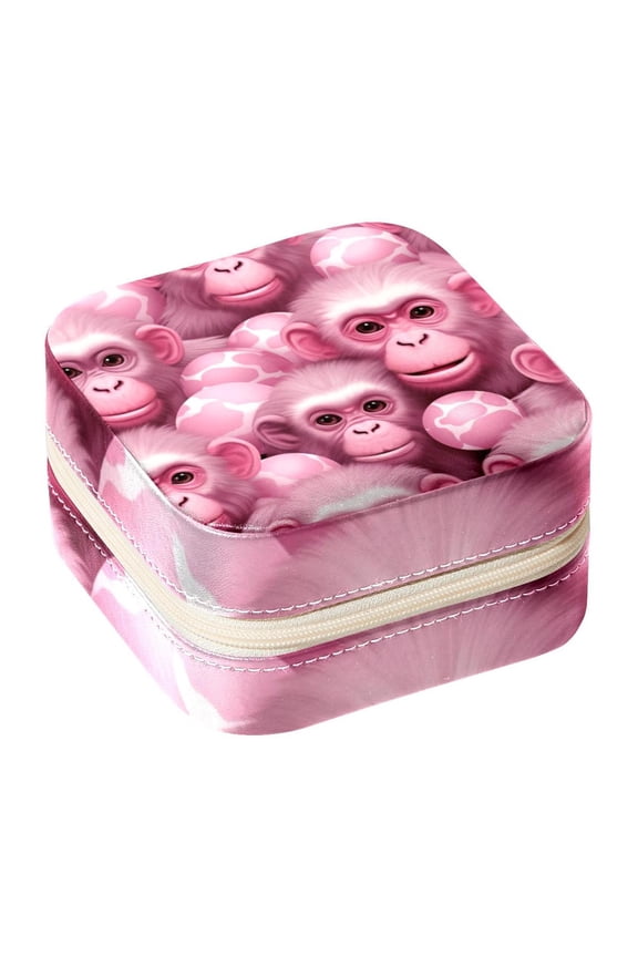 Pink Monkey Travel Portable Square Jewelry Box Organizer for Rings, Earrings, Necklaces, Bracelets, etc. for Girls and Women