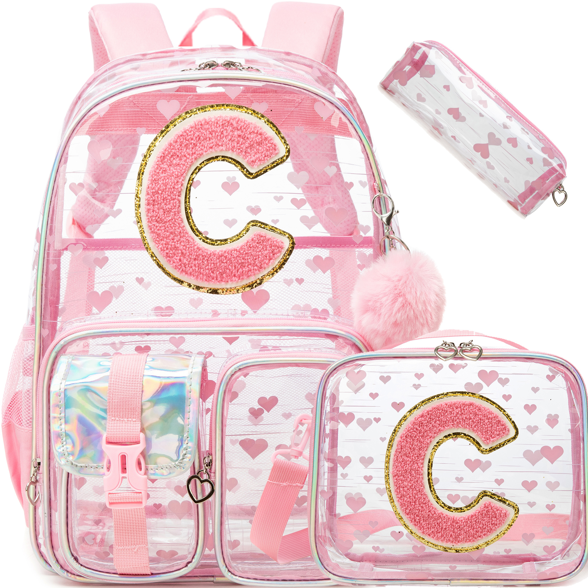 Mochila transparente rosa con monograma C, resistente, para niñas, para la escuela, para primaria, aprobada para estadios, conciertos y universidad, para adolescentes y mujeres