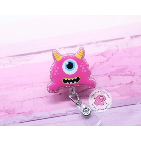 Pink Monster Badge Reel: Retractable ID Holder