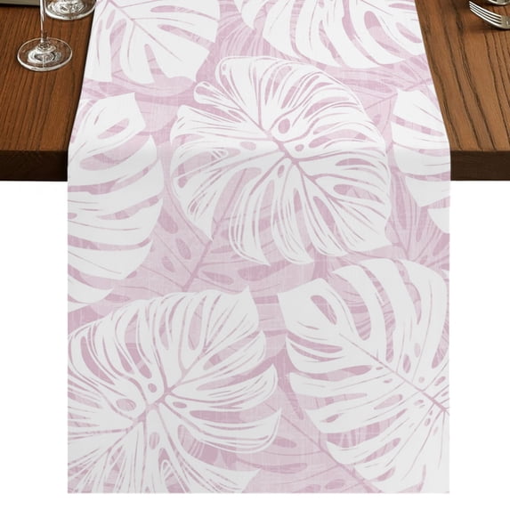 Pink Monstera Deliciosa Burlap Cotton Table Runner 13x72 Inches Long, Summer Botanical Tropical Farmhouse Table Runners, Outdoor Dining Table Decor for Baby Shower/Party/Wedding