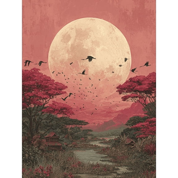 Pink Moon Bird Flock Boho Canvas Mystical Lunar Zen Nature Wall Decor