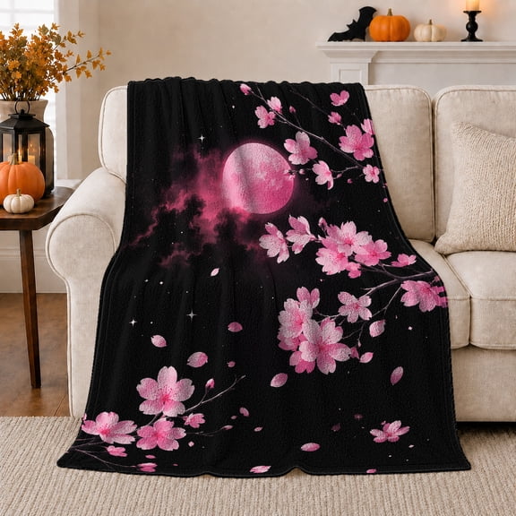 Pink Moon Cherry Blossom Flannel Blanket with Black Night Sky Branches Petals Stars Magenta Clouds Floral Art, Sofa Bedroom Reading Nook Home Decor, Romantic Gift