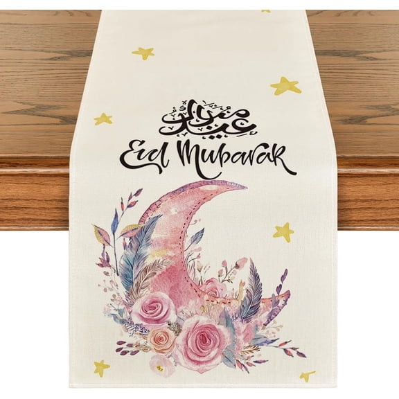 Pink Moon Flowers Stars Ramadan Eid Table Runner, Seasonal Summer Holiday Kitchen Dining Table Runners for Home Party Decor 13 x 108 Inch