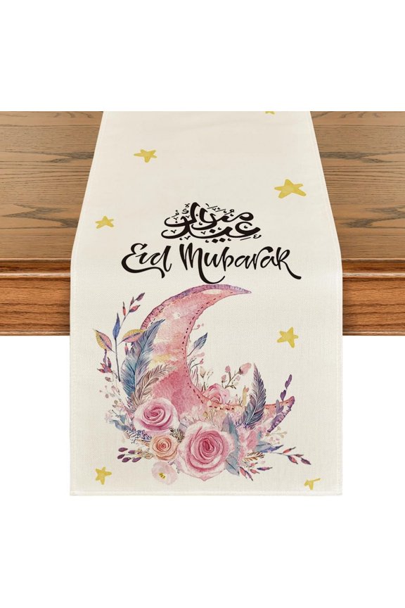 Pink Moon Flowers Stars Ramadan Eid Table Runner, Seasonal Summer Holiday Kitchen Dining Table Runners for Home Party Decor 13 x 120 Inch