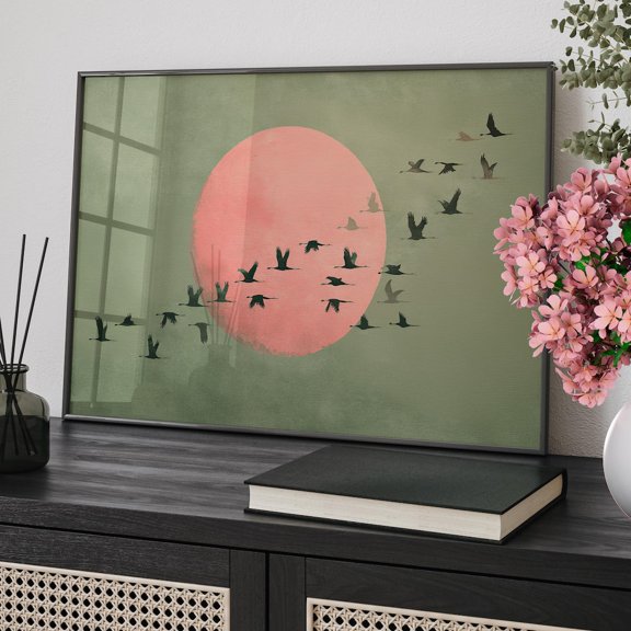 Pink Moon Japandi Wall Art, Minimalist Bird Landscape Decor, Unframed Paper Print Size 8x12