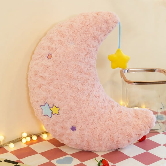 Pink Moon Shaped Plush Pillow Toy, Soft Flock Heart Doll Pillow For Bedside Car Decor, Cushion Gift For Kids Teens, 19.68 X 19.68 X 2.76 Inches, 0.78 Lb