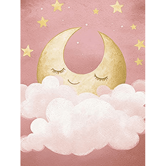 Pink Moon and Clouds Canvas Painting Suitable for Bedroom Living Room Nursery Girl's Room and Baby Room Decor.