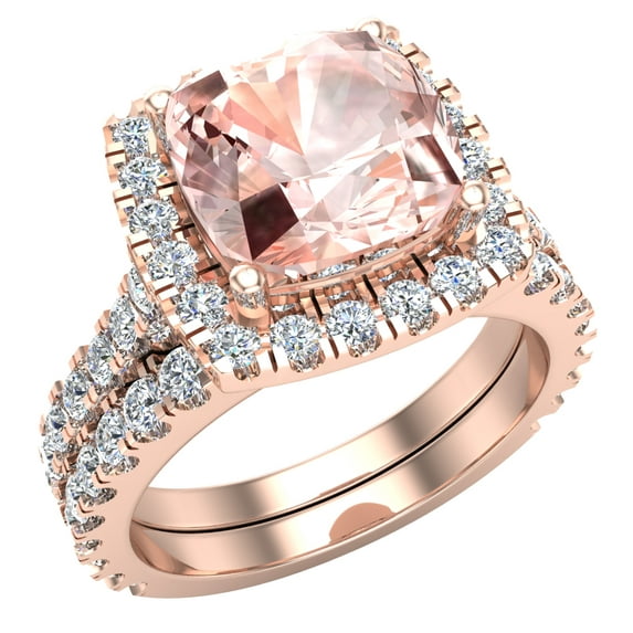 Pink Morganite Cushion Cut Halo Diamond Wedding Rings for Women 14K Rose Gold 3.30 CTW (G,SI)
