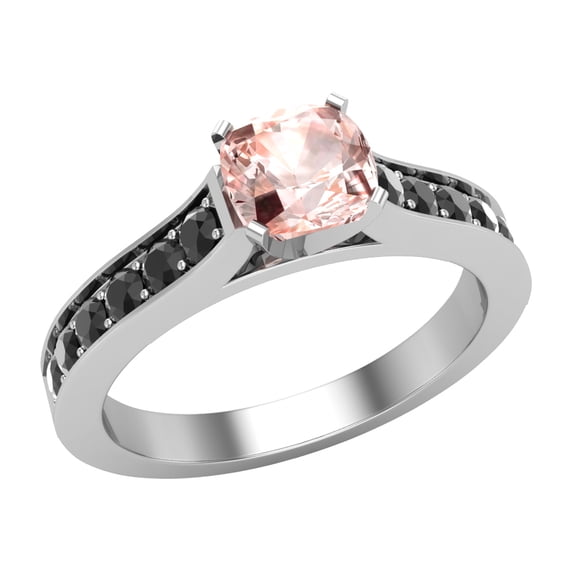 Pink Morganite Engagement Ring for Women Cushion Cut Morganite Black Diamond Ring 1.25 Carat 14K White Gold