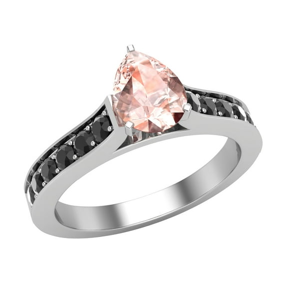 Pink Morganite Engagement Ring for Women Pear Cut Morganite Black Diamond Ring 1.00 Carat 14K White Gold
