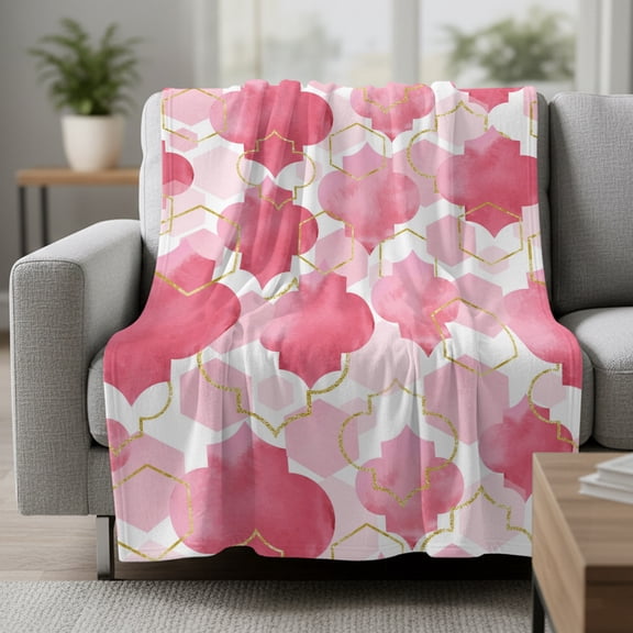 Pink Moroccan Fleece Throw Blanket Abstract Gradient Gold Pink Geometric Ultra Soft Fuzzy Cozy Flannel Throw Blanket for Couch Sofa Bed Car Travel, Ideal Gifts 30x40 Inches