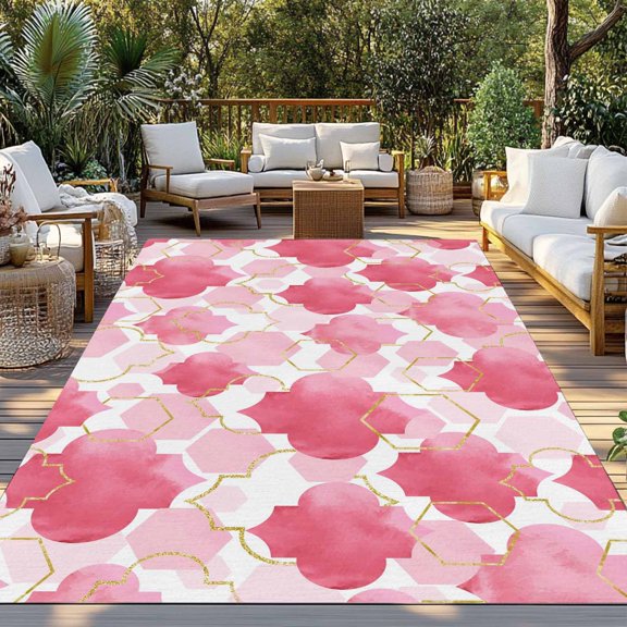Pink Moroccan Indoor Outdoor Rugs 4x6 Ft, Abstract Gradient Gold Pink Geometric Outdoor Patio Rugs Mat Washable Outside Area Rugs Carpet for Porch Deck RV Camping Pool Balcony Backyard