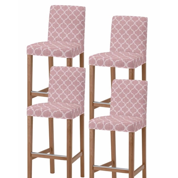 Pink Morocco Bar Stool Covers Set of 4, Middle Century Abstract Geometric Plaid Stretch Washable Bar Chair Covers with Backs, Removable Pub Counter Height Chair Cover for Kitchen Dining Room Cafe