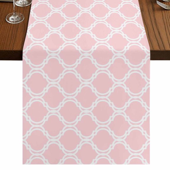 Pink Morocco Burlap Cotton Table Runner 13x36 Inches Short, Geometric Moroccan National Abstract Art Farmhouse Table Runners, Outdoor Dining Tablecloths Decor for Baby Shower/Party/Wedding