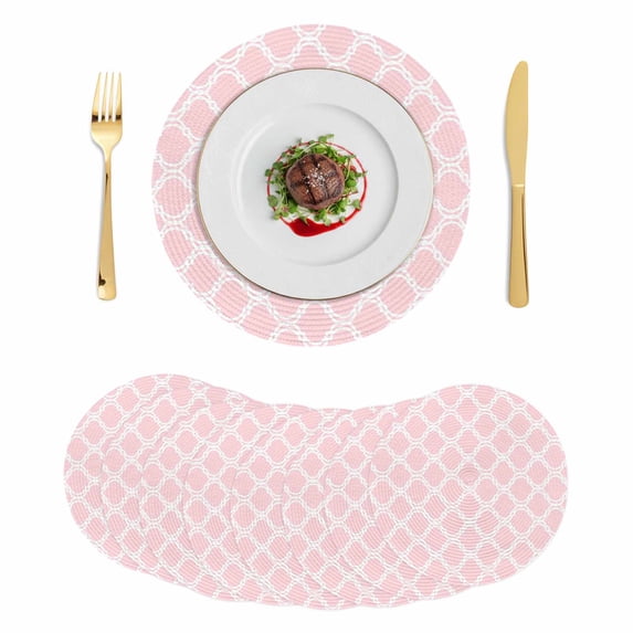 Pink Morocco Round 13 Inch Placemats Set of 8, Geometric Moroccan National Abstract Art HeatResistant Non Slip Place Mats for Dining Table, Wipeable Braided Kitchen Table Mats for Housewarming