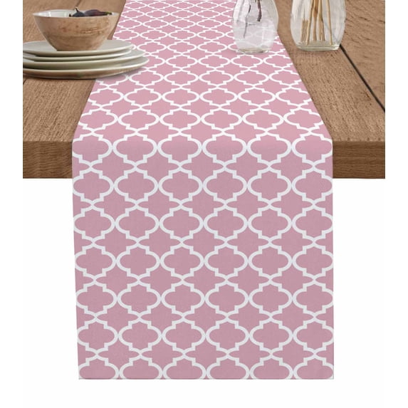 Pink Morocco Short Table Runners 48 Inches, Cotton Linen Fabric Table Runner Dresser Scarf, Farm Country Moroccan Geometric Plaid Tablerunner for Party/Kitchen/Dinner/Wedding Decor 13''x48''