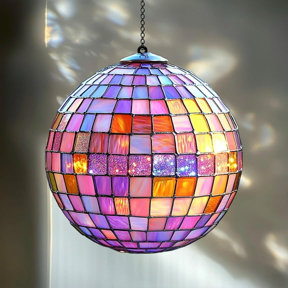 Pink Mosaic Disco Ball Acrylic Suncatcher 2D – Faux Stained Glass Hanging Disco Ball in Rose and Lavender, Retro Party or Garden Decor