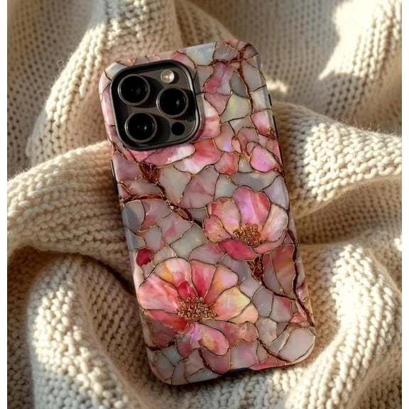 Pink Mosaic Stained Glass Case - Luxury Blush Floral Tile Pattern Compatible with iPhone 17, 16, 15, 14 Pro Max MagSafe Cover
