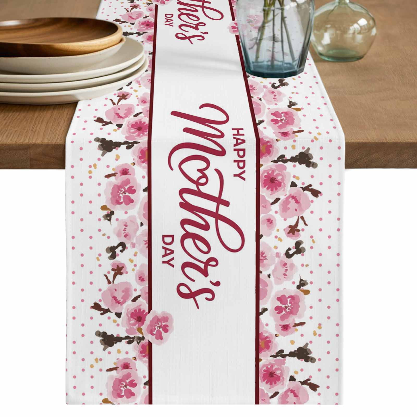 Pink Mother's Day Cotton Linen Table Runner for Dining Kitchen, Watercolor Flowers Modern Polka Dot Striped Wedding Outdoor Party Tablerunners, Dresser Scarf Coffee Tablecloth Runners 13x120 Inches