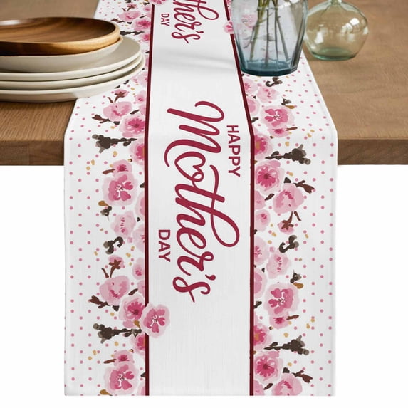 Pink Mother's Day Cotton Linen Table Runner for Dining Kitchen, Watercolor Flowers Modern Polka Dot Striped Wedding Outdoor Party Tablerunners, Dresser Scarf Coffee Tablecloth Runners 13x70 Inches