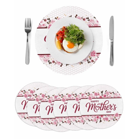 Pink Mother's Day Round 13 Inch Placemats Set of 6, Watercolor Flowers Modern Polka Dot Striped HeatResistant Non Slip Place Mats for Dining Table, Wipeable Kitchen Table Mats for Housewarming