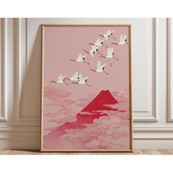 Pink Mount Fuji Crane Wall Art Print