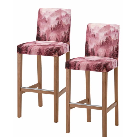 Pink Mountain Bar Stool Covers Set of 2, Misty Forest Nature Woodland Pine Tree Landscape Stretch Bar Chair Covers with Backs, Removable Pub Counter Height Chair Cover for Kitchen Dining Room Cafe