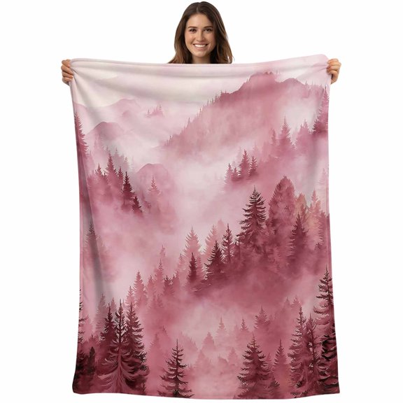 Pink Mountain Blanket Soft Cozy Warm Twin Blanket for Bed, Plush Fuzzy Flannel Fleece Blankets for Sofa, Misty Forest Nature Woodland Pine Tree Landscape Throw Blankets for Couch Gifts, 60"x80"