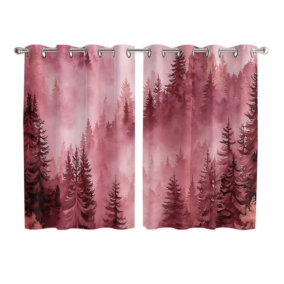 Pink Mountain Kitchen Curtains Window Panels, Misty Forest Nature Woodland Pine Tree Landscape Insulated Window Treatment Curtain, Grommet Curtains for Bedroom/Living Room/Bathroom, 2 Piece 52"Wx72"L