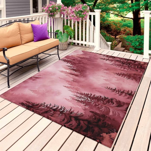 Pink Mountain Outdoor Rug 4x6 Ft, Non Slip Washable Area Rug, Misty Forest Nature Woodland Pine Tree Landscape Patio Rugs Carpet Runner, Large Floor Mat for Indoor/Outdoor Deck Porch Camping