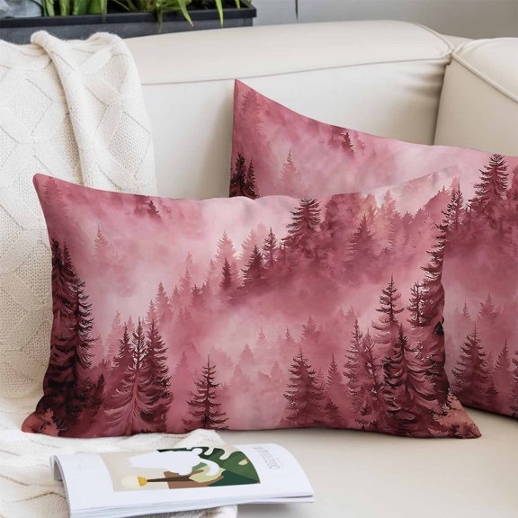 Pink Mountain Pillow Covers 12"x20", Misty Forest Nature Woodland Pine Tree Landscape Soft Brushed Microfiber Breathable Throw Pillow Covers, Pillowcase with Zipper for Couch Sofa Bedroom Living Room