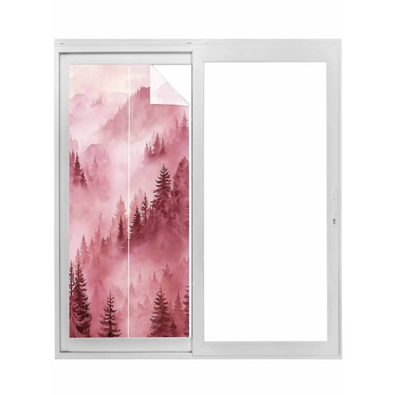 Pink Mountain Window Privacy Film, Misty Forest Nature Woodland Pine Tree Landscape Static Cling UV Sun Blocking Tint Film Heat Control Windows Films for Bedroom Bathroom, Window Stickers 29.5"x78.7"