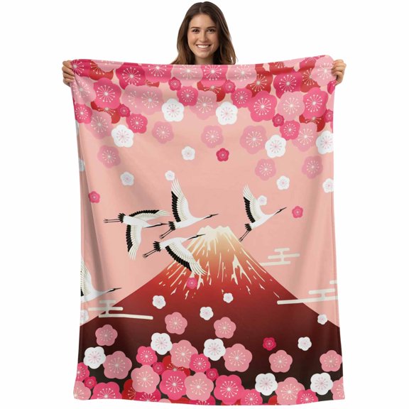 Pink Mountains Blanket Soft Cozy Warm Throw Blanket for Couch, Plush Fuzzy Flannel Fleece Blankets for Sofa, Modern Aesthetic Cherry Blossoms Cranes Bed Blankets Lightweight Gifts for Women, 30"x40"