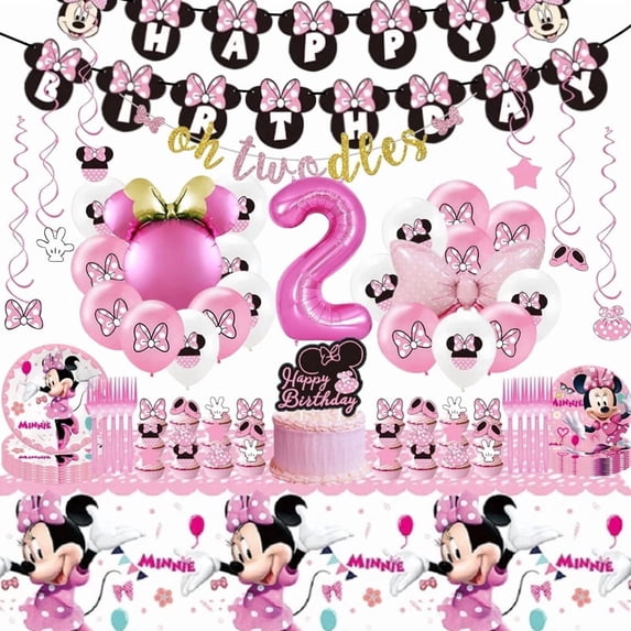Pink 2nd Birthday Party Supplies, Oh Twodles Girl Second Party Decorations Includes Happy Birthday Banner, Hanging Swirls, Tablecloth, Cake Cupcake Toppers, Bow Foil Balloon, Latex Balloons