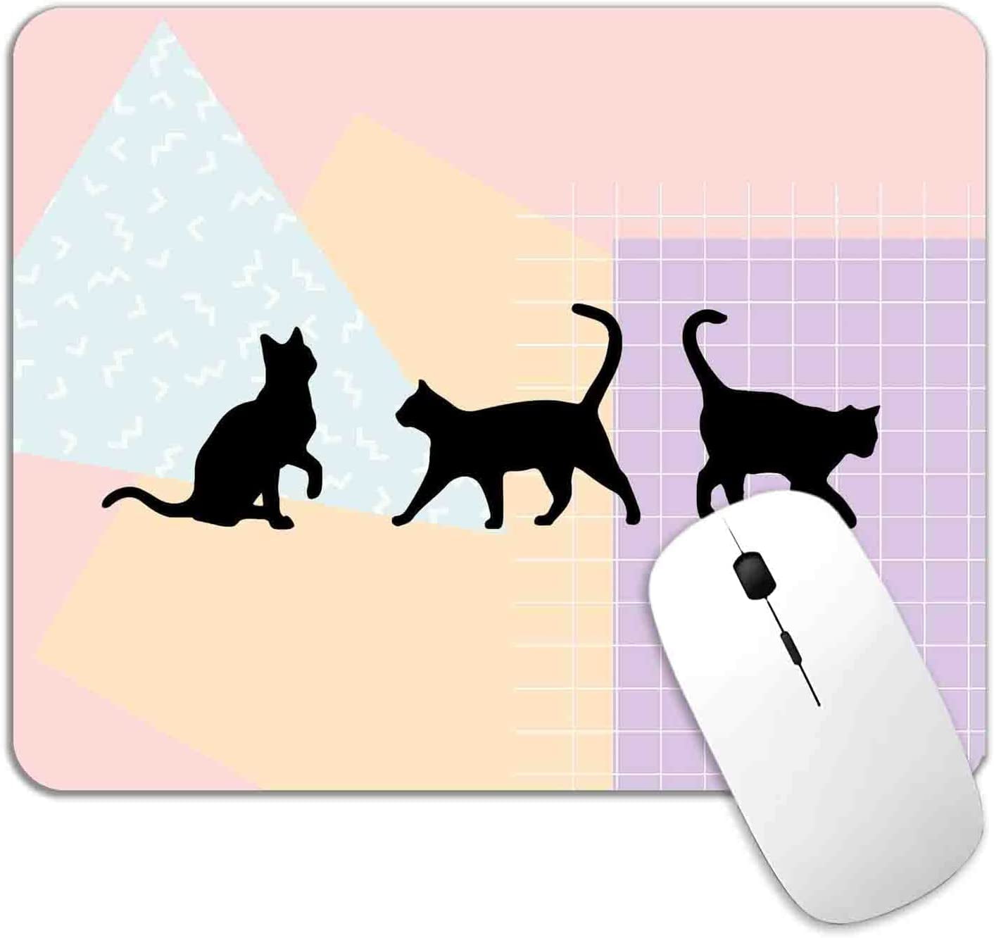 Pink Mouse Pad Black Cats, Modern Geometric Art Pattern Mouse Pad