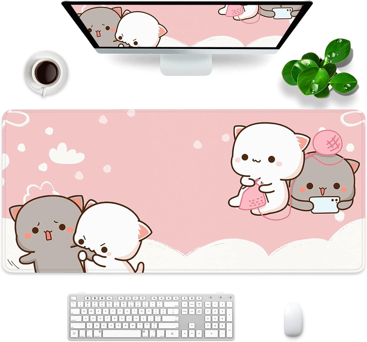 Pink Mouse Pad Cat XXL Kawaii Gaming Mouse Pad Animal Theme 35.4x15.7 inch Gift for Women,Pink Desk Accessories with Personalized Design for Laptop, Computer PC (Pink Cat -2)