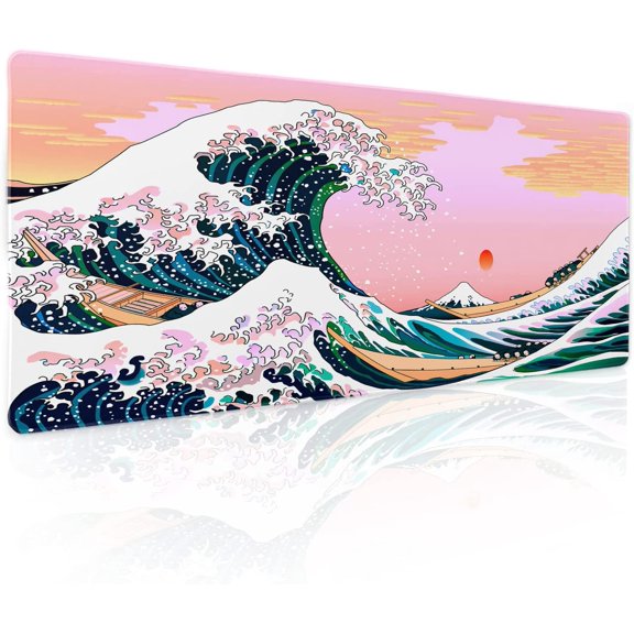 Pink Mouse Pad Cute Japanese Wave Gaming Mousepad XL Anime Sunset Extended Large Desk Cover Big Table Mat Non-Slip Rubber Base Stitched Edge Long Keyboard Playmat for Laptop Gamer Office,31.5×11.8 in
