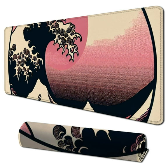 Pink Mouse Pad Cute Japanese Wave Gaming Mousepad XL Sunset Extended Large Desk Cover Big Table Mat Non-Slip Rubber Base Stitched Edge Long Keyboard Playmat for Laptop Gamer Office,