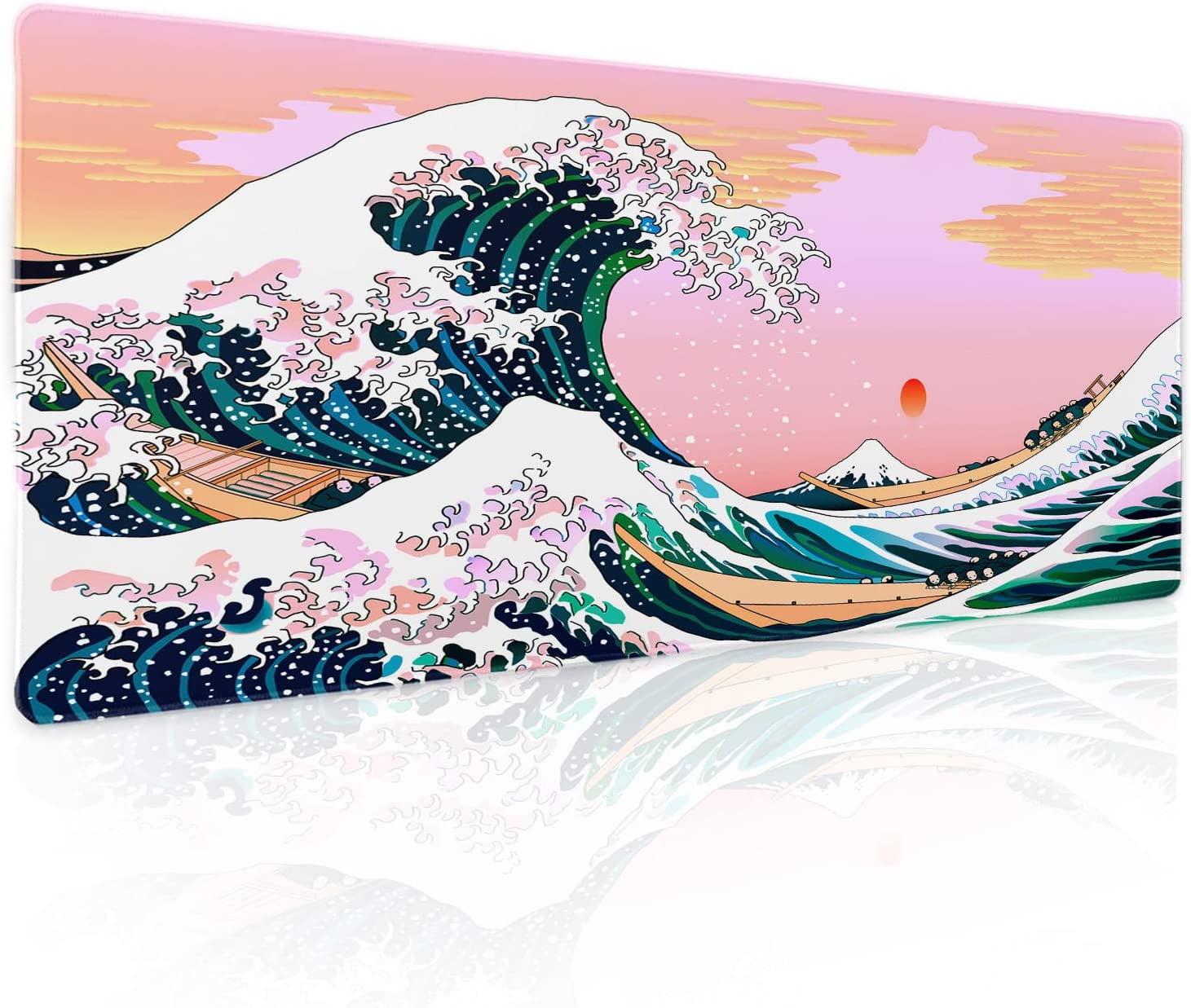 Pink Mouse Pad Japanese Wave Gaming Mousepad XL Anime Sunset Extended Large Desk Cover Big Table Mat Non-Slip Rubber Base Stitched Edge Long Keyboard Playmat for Laptop Gamer Office,31.5×11.8 in