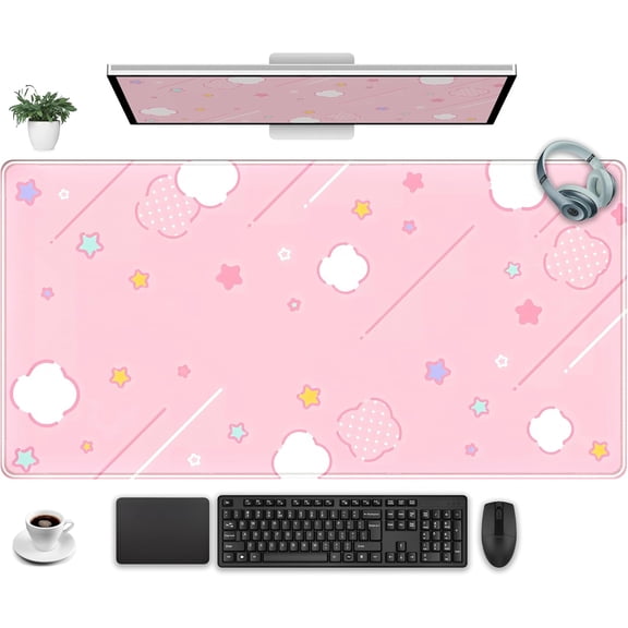 Pink Mouse Pad Large Desk Mat Gaming, Kawaii Desk Pads Stars Mouse Mat XXL Cute Keyboard Pad, Laptop Computer Mat with Non-Slip Base & Stitched Edges, Office Decor for Women 31.5" x 15.7"