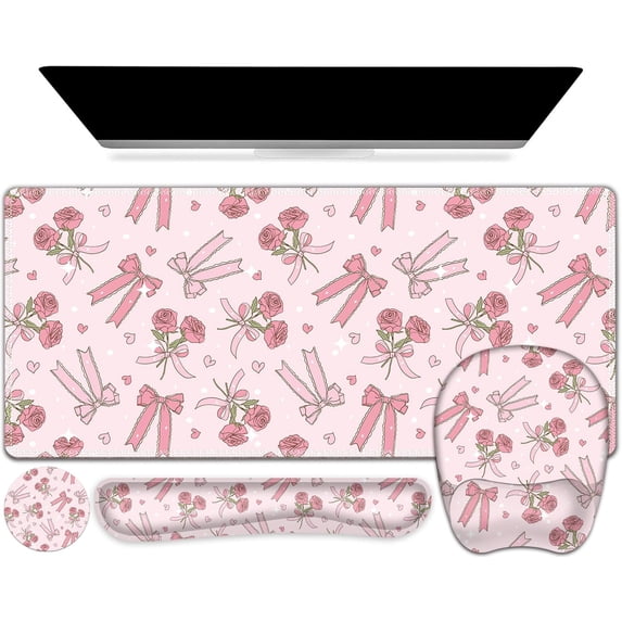 Pink Mouse Pad with Wrist Support 4 in1 Set, XXL Big Game Mousepad + Keyboard Wrist Rest + Mouse Wrist Rest Pad +Coaster Gaming Mat for Home Office Work Computer Laptop PC I Sweet Rose & Heart Bow