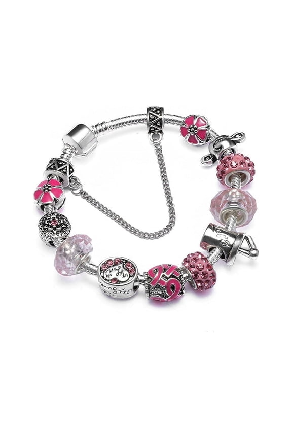 18K White Gold Plated with Pink Murano Charm Bracelet With crystals
