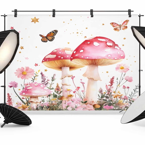 Pink Mushroom Backdrop for Photography, Fabric Photo Background Backdrop, Botanical Floral Spring Summer Photo Booth Background for Portrait Photoshoot Video Wedding Studio Decoration Banner 7x5ft