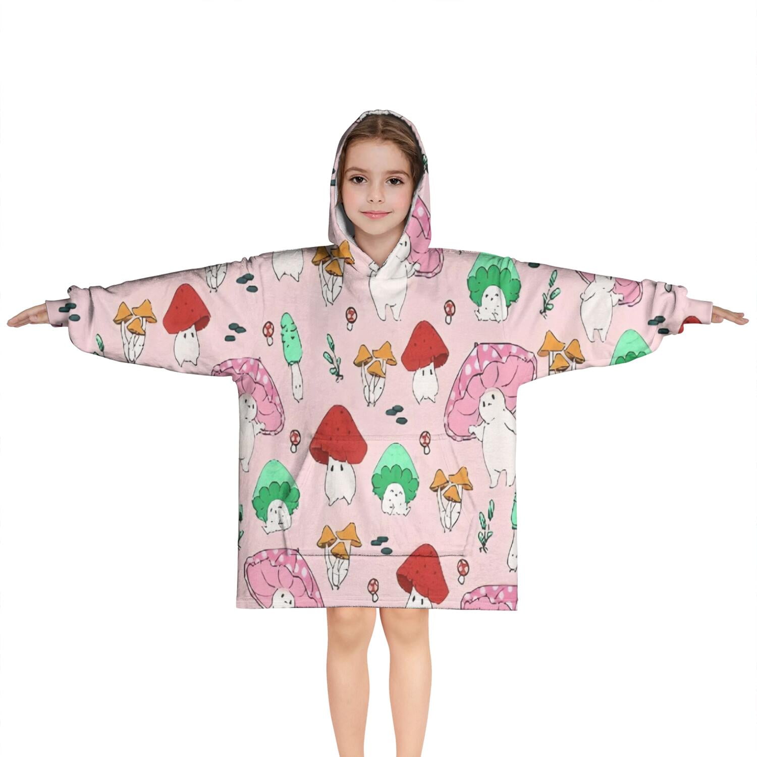 Pink Mushroom Cartoon Light Pattern Blanket Hoodies for Kids 6-13YR Oversize Wearable Blanket Hoodies for Boys Girls Teens