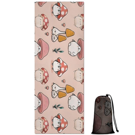 Pink Mushroom Cartoon Light Pattern Hot Yoga Mat Towel Non Slip for Hot Yoga - Quick-Drying Yoga Mat Cover with 4 Corner Pockets with Travel Bag - Hot Yoga Towel Non Slip 74"x26"