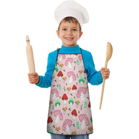 Pink Mushroom Cartoon Light Pattern Kids Aprons for Girls and Boys,Adjustable Neck Strap Toddler Aprons for Kids Cooking Baking