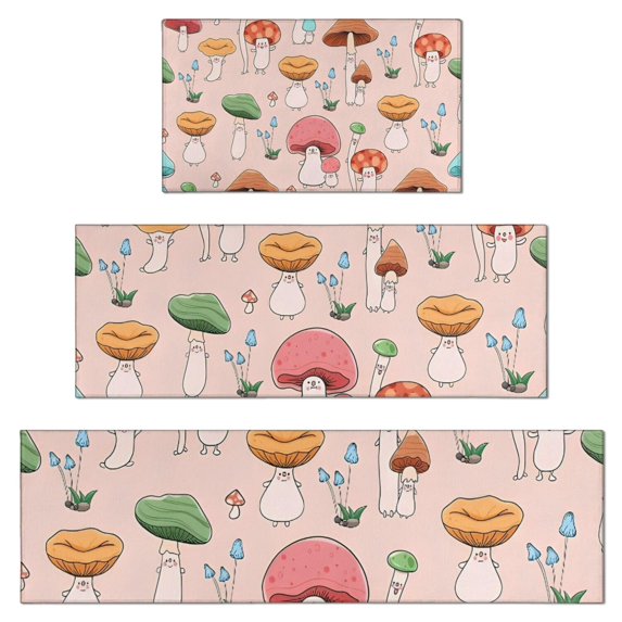 Pink Mushroom Cartoon Light Pattern Kitchen Rugs Sets Of 3,Kitchen Runner Rugs Non Skid Washable,Decorative Kitchen Floor Mats for Kitchen,Sink,Laundry,17"x30"+ 17"x47" + 17"x59"