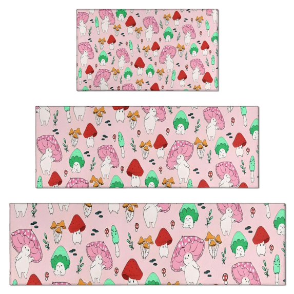 Pink Mushroom Cartoon Light Pattern Kitchen Rugs Sets Of 3,Kitchen Runner Rugs Non Skid Washable,Decorative Kitchen Floor Mats for Kitchen,Sink,Laundry,17"x30"+ 17"x47" + 17"x59"